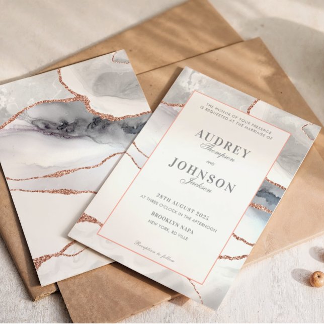 Elegant Silver Marble Rose Gold Wedding Invitation (Creator Uploaded)