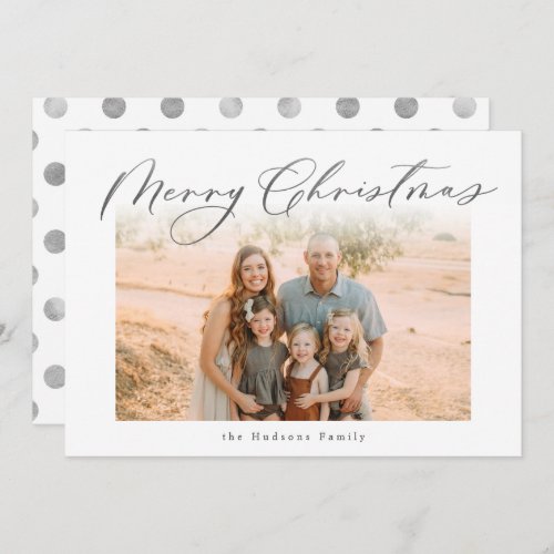 Elegant Silver Merry Christmas Calligraphy Photo Holiday Card