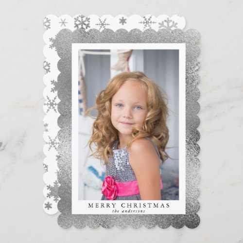 Elegant Silver Merry Christmas Custom Photo  Holiday Card