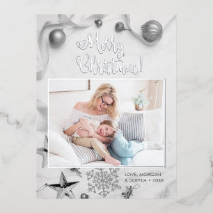 Elegant Silver Merry Christmas, Photo, Message Foil Holiday Postcard