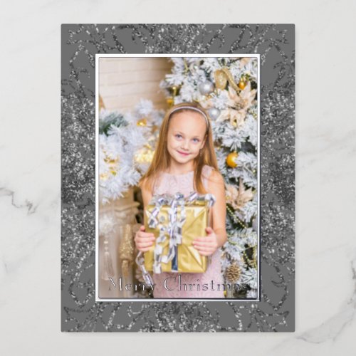 Elegant Silver Merry Christmas Photo Real  Foil Holiday Postcard