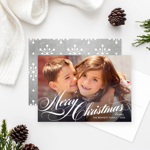 Elegant Silver Merry Christmas Script Photo Holiday Card