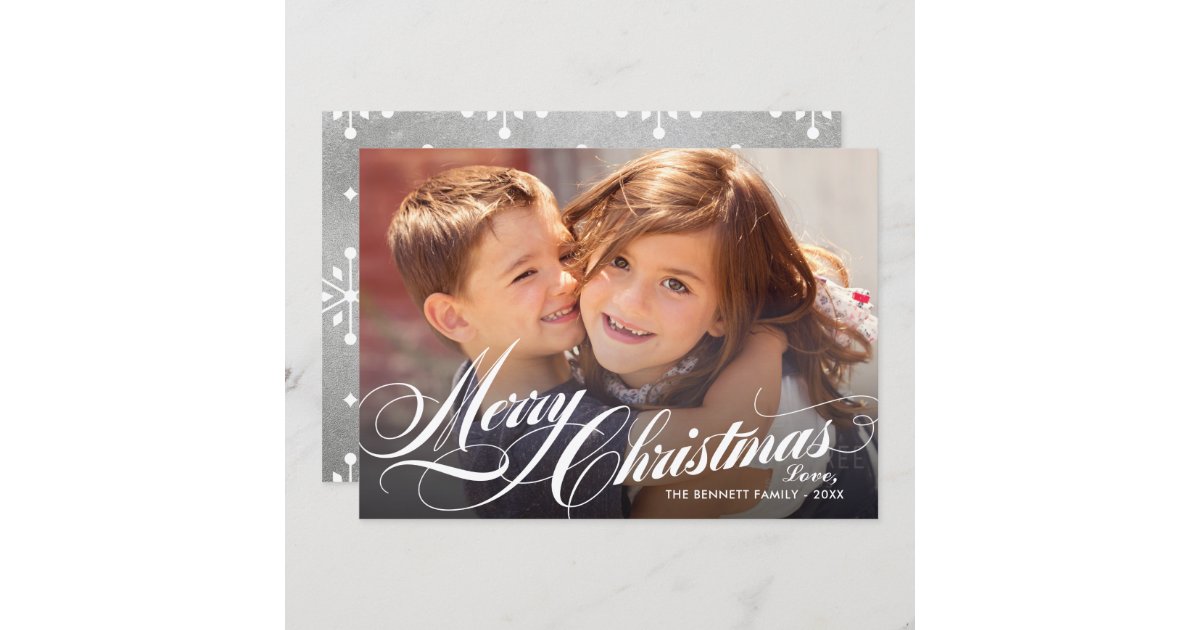 Elegant Silver Merry Christmas Script Photo Holiday Card | Zazzle