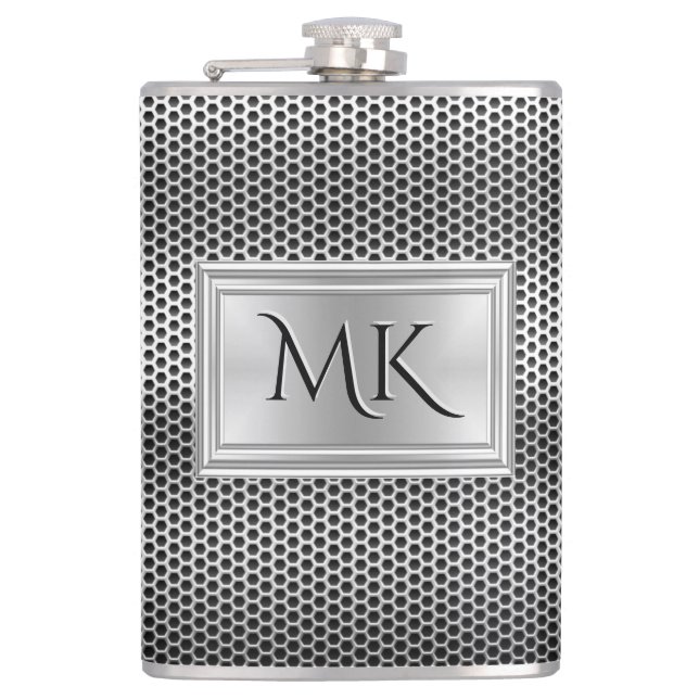 Elegant Silver Metal Mesh look Monogram Flask (Front)