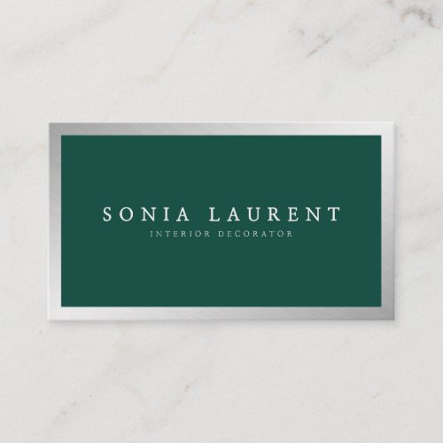 Elegant silver metallic forest green minimalist business card