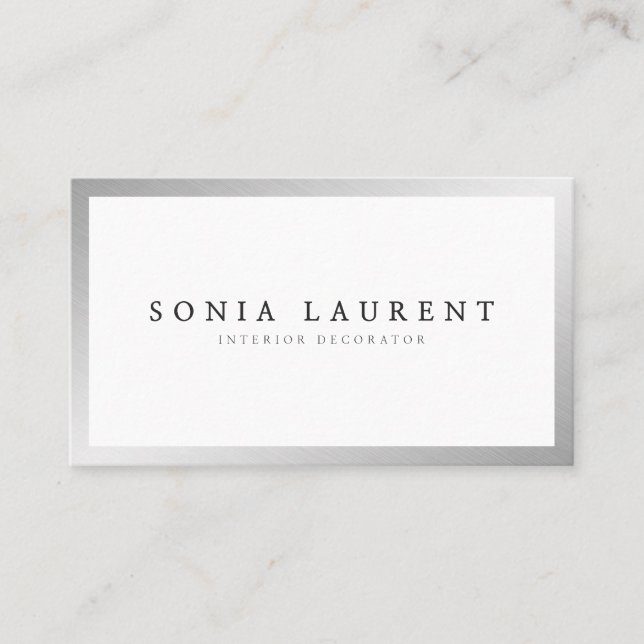 Elegant silver metallic frame minimalist white business card (Front)