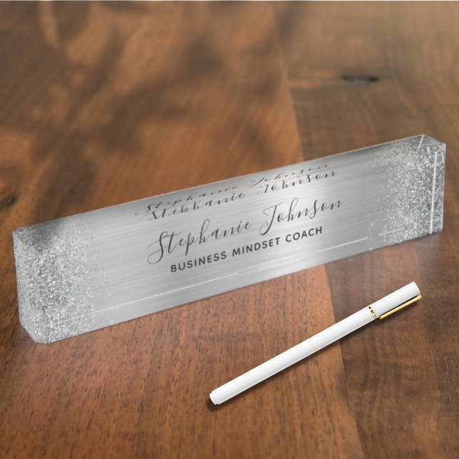 Elegant Silver Metallic Glitter Boss Lady Desk Name Plate (Creator Uploaded)