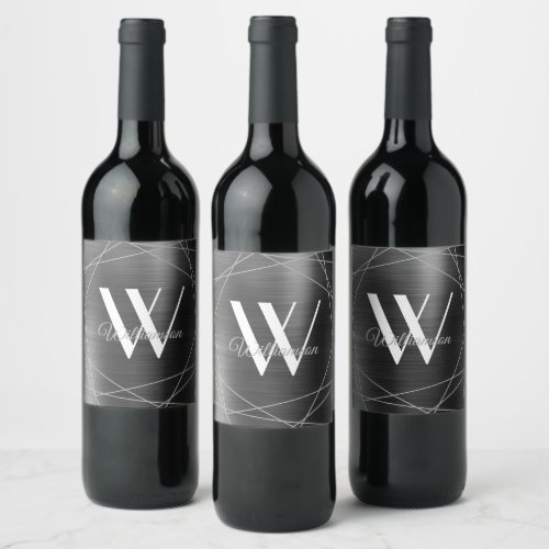 Elegant Silver Metallic Monogram Geometric Name Wine Label