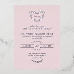 Elegant Silver & Misty Rose Heart Wreath Wedding Foil Invitation