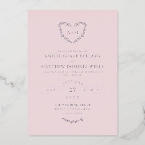 Elegant Silver  Misty Rose Heart Wreath Wedding Foil Invitation