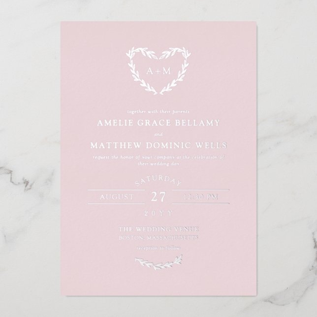 Elegant Silver & Misty Rose Heart Wreath Wedding Foil Invitation (Front)