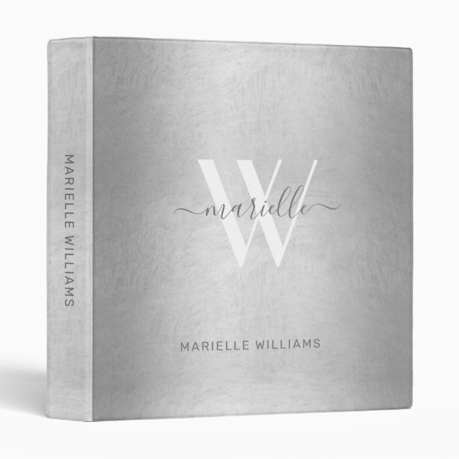 Elegant Silver Monogram Name Modern Script 3 Ring Binder (Front/Spine)