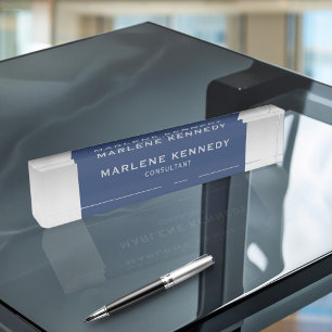 Elegant Silver Monogram Navy Blue Acrylic Desk Name Plate