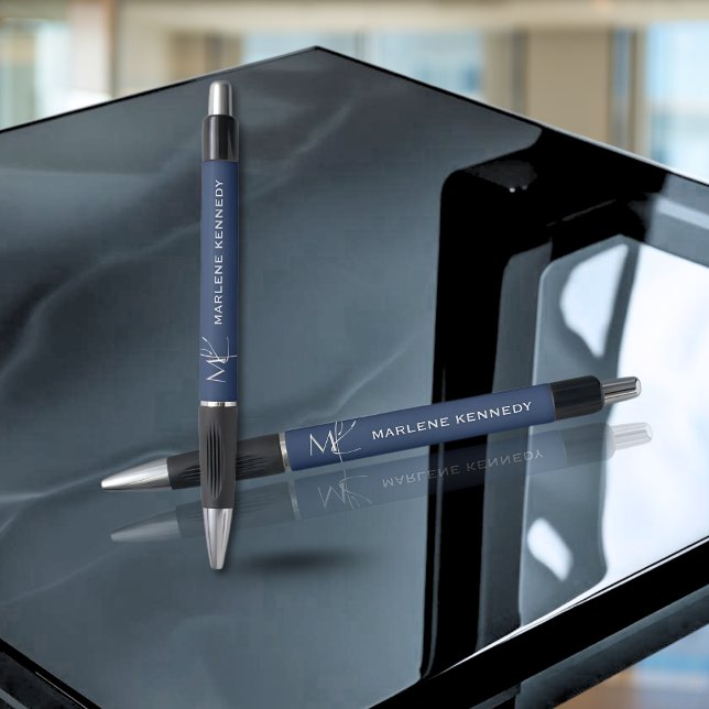 Elegant Silver Monogram Navy Blue Logo  Pen (Creator Uploaded)