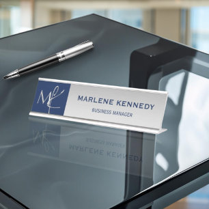 Elegant Silver Monogram Navy Blue Metal Desk Name Plate