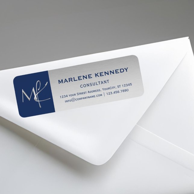 Elegant Silver Monogram Navy Blue Return Address L Label (Creator Uploaded)