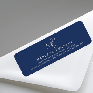 Elegant Silver Monogram Navy Blue Return Address Label