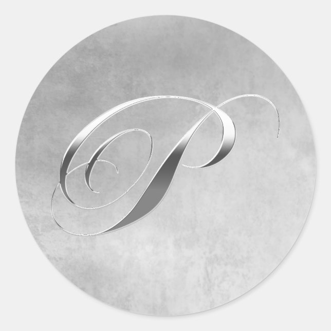 Elegant Silver Monogram P Custom Wedding Stickers (Front)