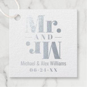 Elegant Silver Mr and Mr Monogram Wedding Foil Favor Tags