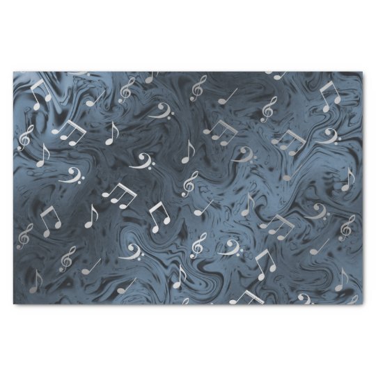 elegant silver music notes in blue tissue paper