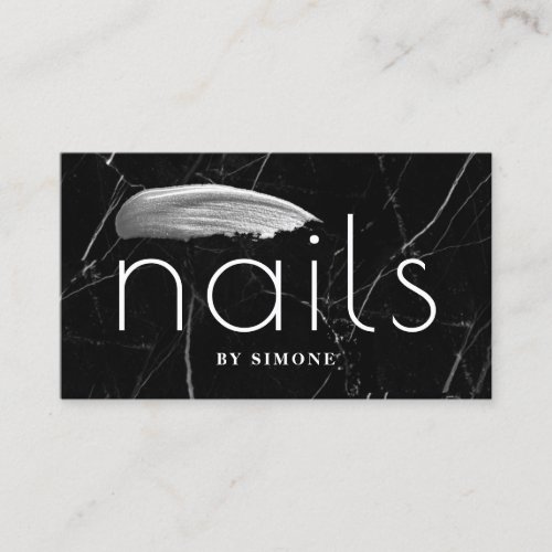 Elegant silver nail polish stroke black marble business card