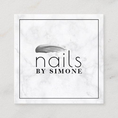 Elegant silver nail polish stroke white marble square business card