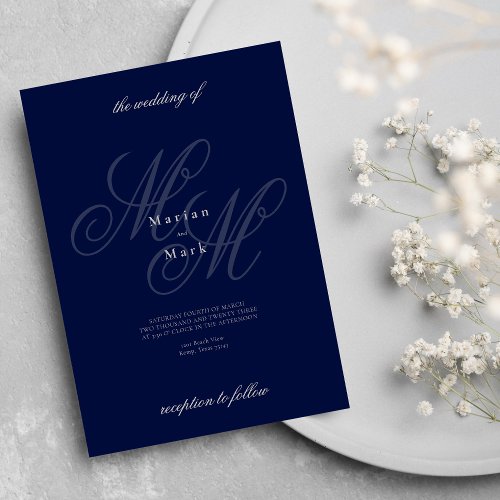 Elegant silver navy blue monogram initial wedding  invitation