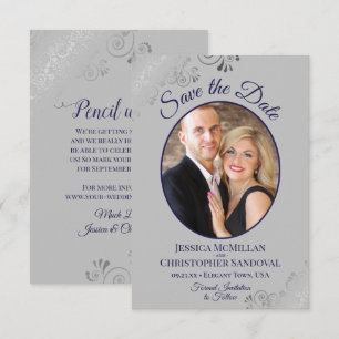 Elegant Silver & Navy Blue on Gray Photo Wedding Save The Date