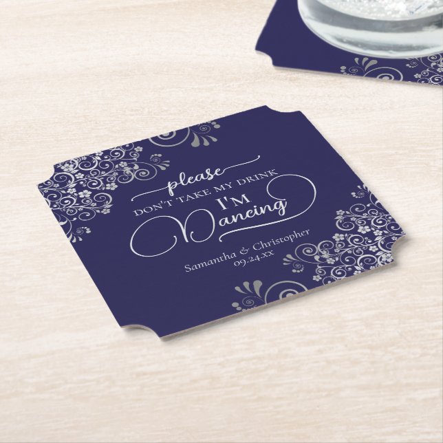 Elegant Silver & Navy Don't Take My Drink Wedding Paper Coaster (Angled)