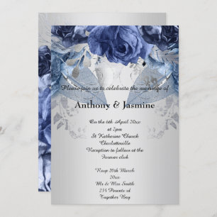 ELEGANT SILVER NAVY FLORAL ROSE WEDDING INVITATION