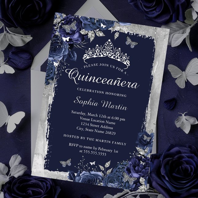 Elegant Silver Navy flower Quinceanera Foil Invitation (Creator Uploaded)