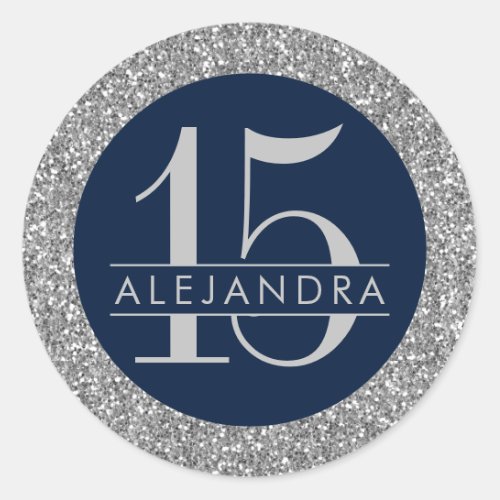 Elegant Silver Navy Quinceanera 15th Birthday Classic Round Sticker