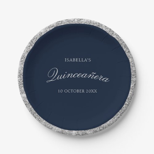 Elegant silver  navy Quinceanera  Paper Plates