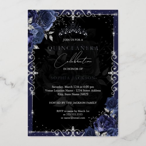 Elegant Silver Navy Rose Quinceanera Foil Invitation