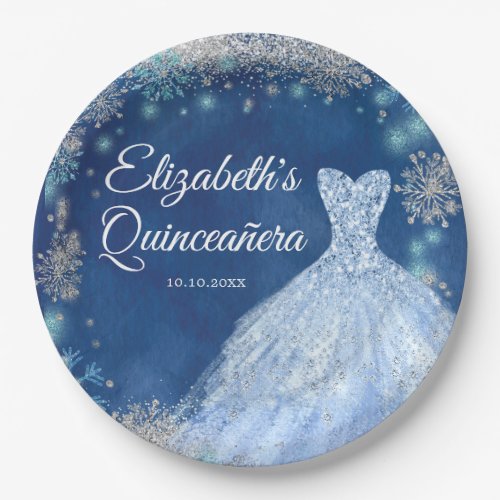 Elegant Silver Navy Snowflake Christmas XV Anos Paper Plates