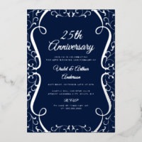 Elegant Silver Navy Swirl 25th Wedding Anniversary