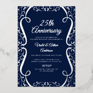 Elegant Silver Navy Swirl 25th Wedding Anniversary Foil Invitation
