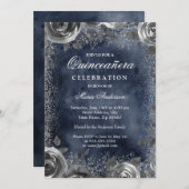 Elegant silver Navy Watercolor Quinceanera Invite (Front/Back)