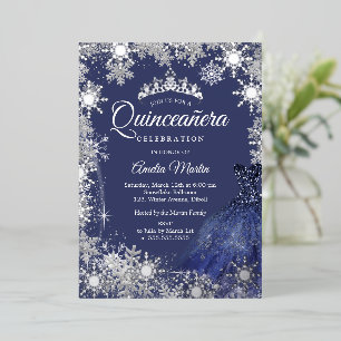 Elegant Silver Navy Winter Snowflake Quinceanera Foil Invitation