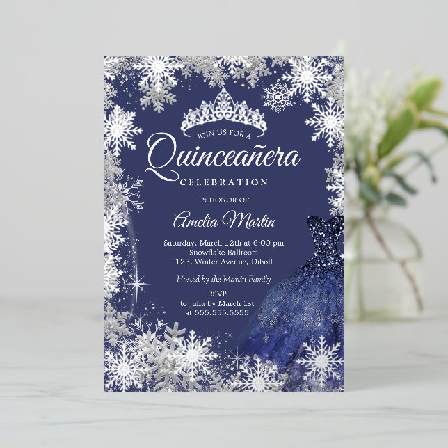 Elegant Silver Navy Winter Snowflake Quinceanera Foil Invitation (Standing Front)