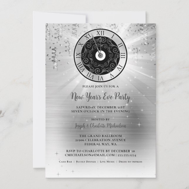 Elegant Silver New Years Eve Party Invitation (Front)