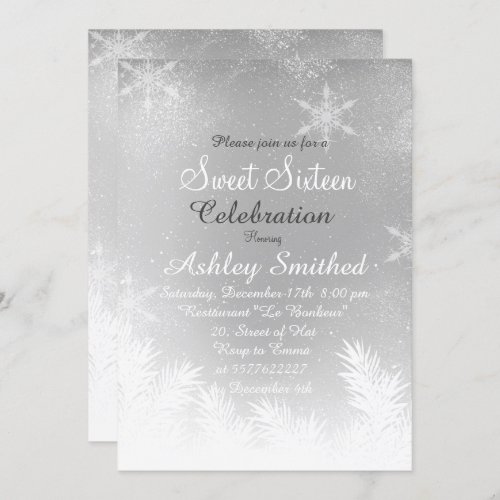 Elegant silver ombre Snowflake Winter Sweet 16 Invitation