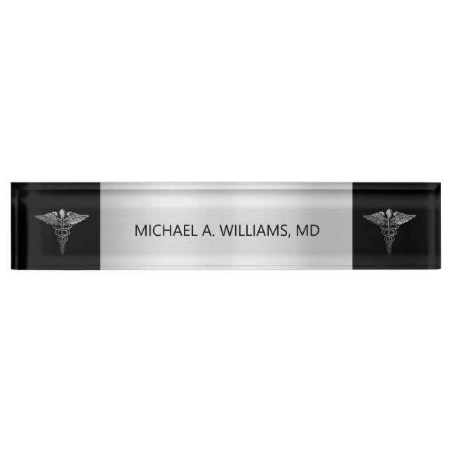 Elegant Silver on Black Caduceus Medical Doctor Desk Name Plate (Front)