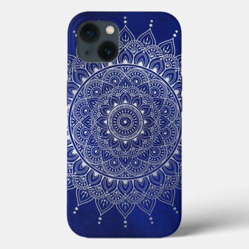 Elegant Silver on Deep Blue Floral Henna Mandala iPhone 13 Case