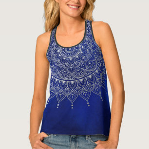 Elegant Silver on Deep Blue Floral Henna Mandala Tank Top