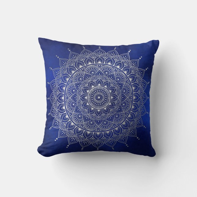 Elegant Silver on Deep Blue Floral Henna Mandala Throw Pillow (Front)