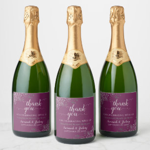 Elegant Silver on Magenta Plum Wedding Thank You Sparkling Wine Label