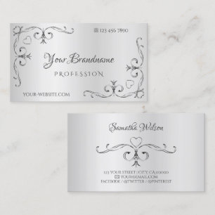 Elegant Silver Ornate Corner Borders Cute Hearts Business Card