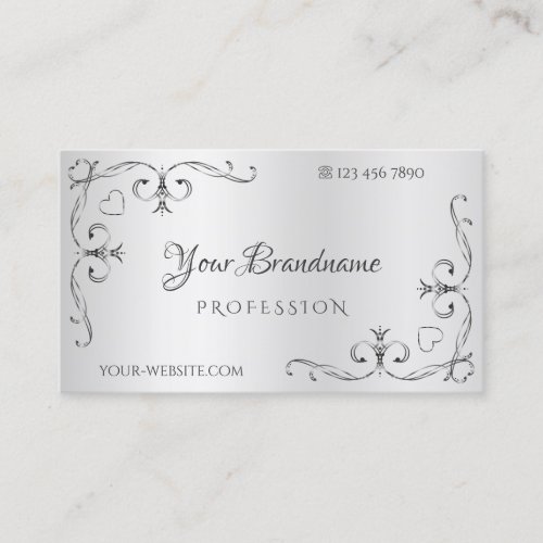 Elegant Silver Ornate Corner Borders Cute Hearts Business Card