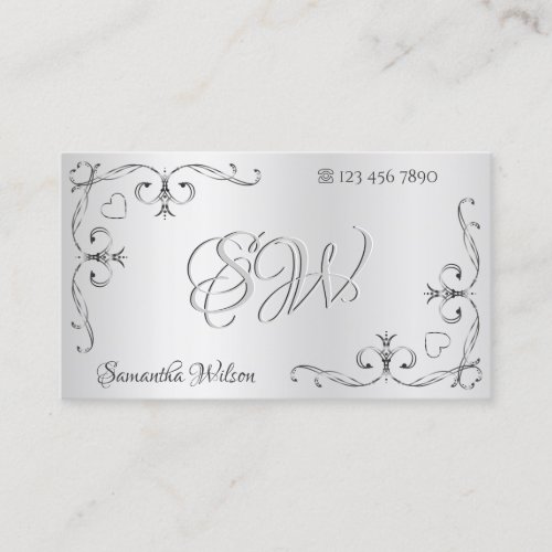 Elegant Silver Ornate Corner Borders with Initials Business Card